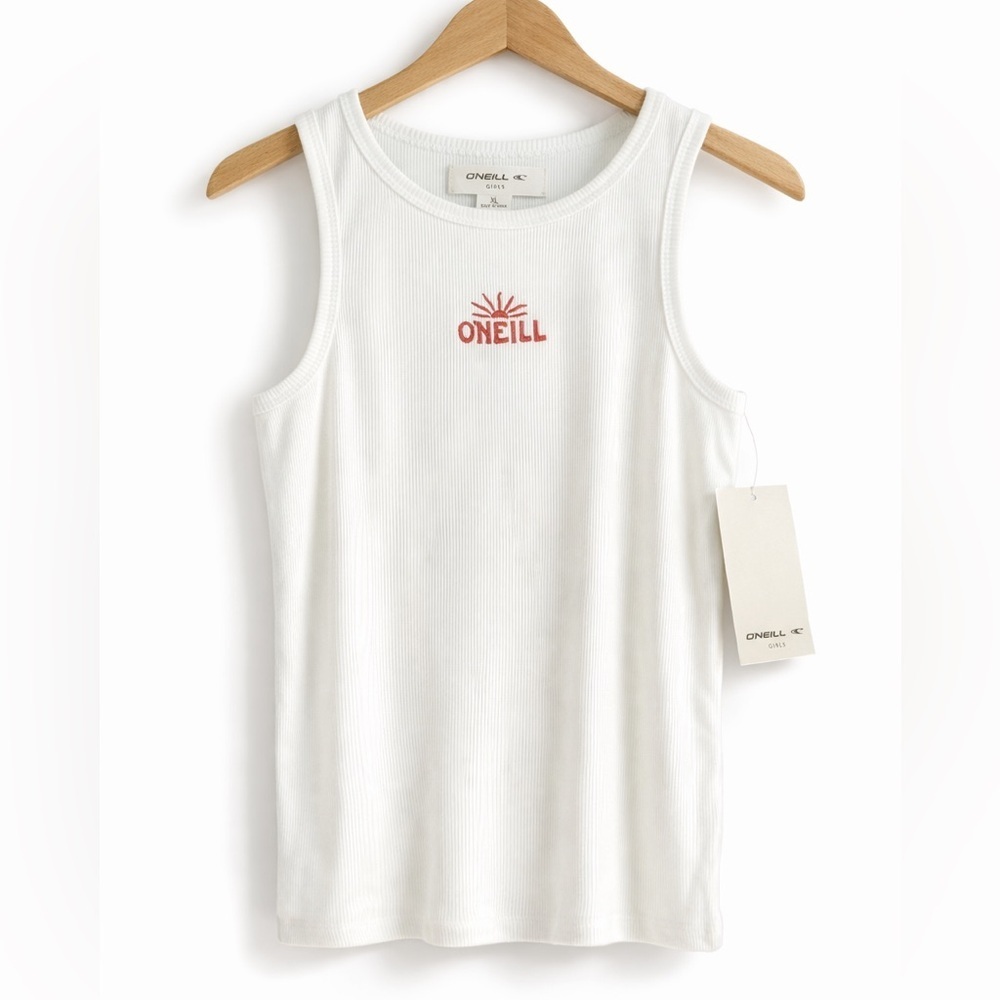 O’Neill Girls XL White Ribbed Tank Top NWT Sunset Logo Graphic